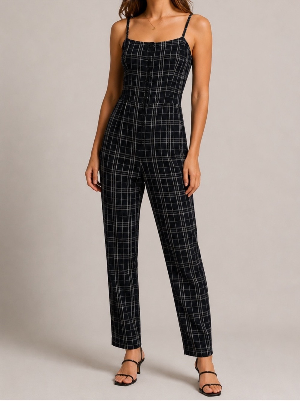 Lush Black and White Windowpane Jumpsuit Checkered Plaid Smocked Medium